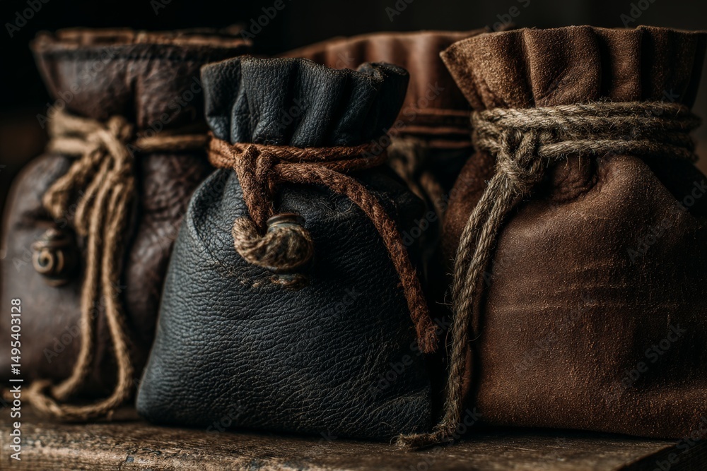 Poster unique leather pouches displayed on a rustic wooden surface in a dimly lit environment