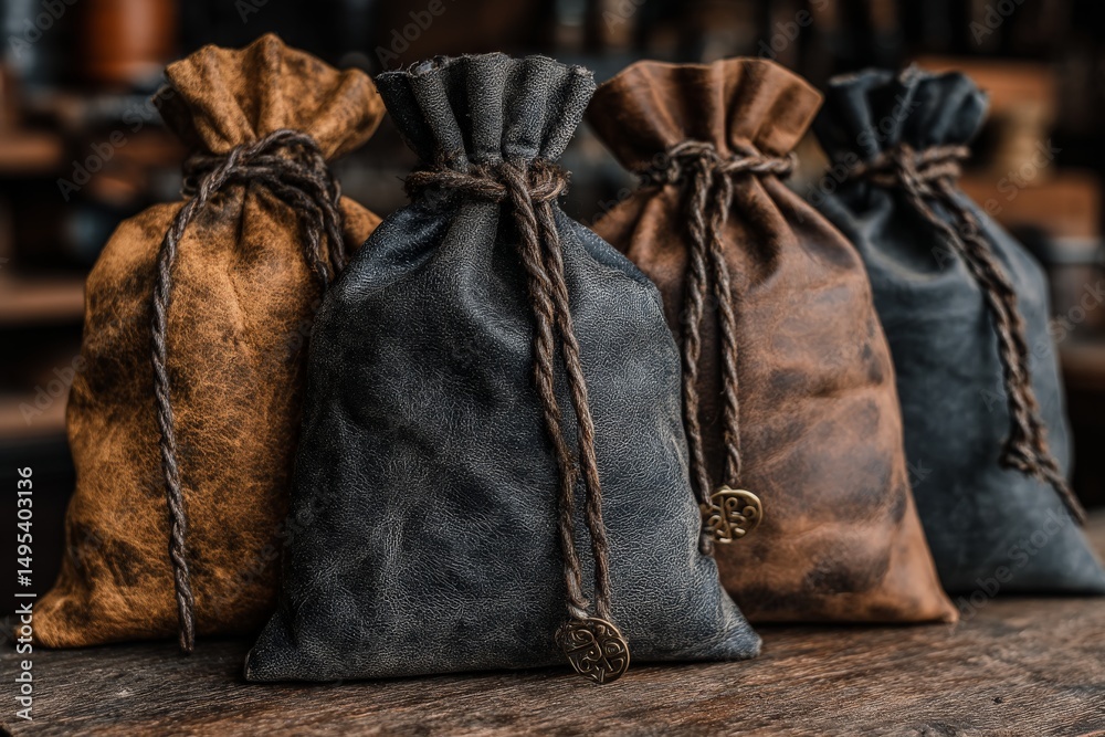 Aufkleber various leather bags on a rustic wooden table in a workshop setting during the afternoon