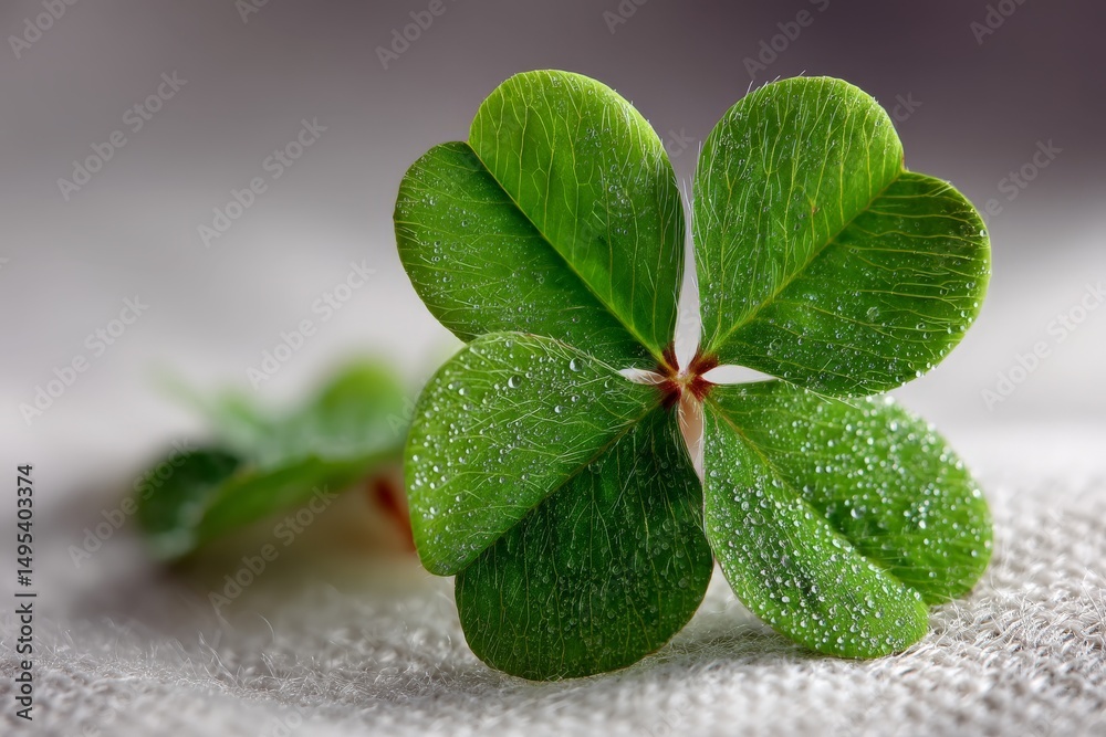 Aufkleber unique clover leaf with dew drops resting on fabric in soft light at early morning
