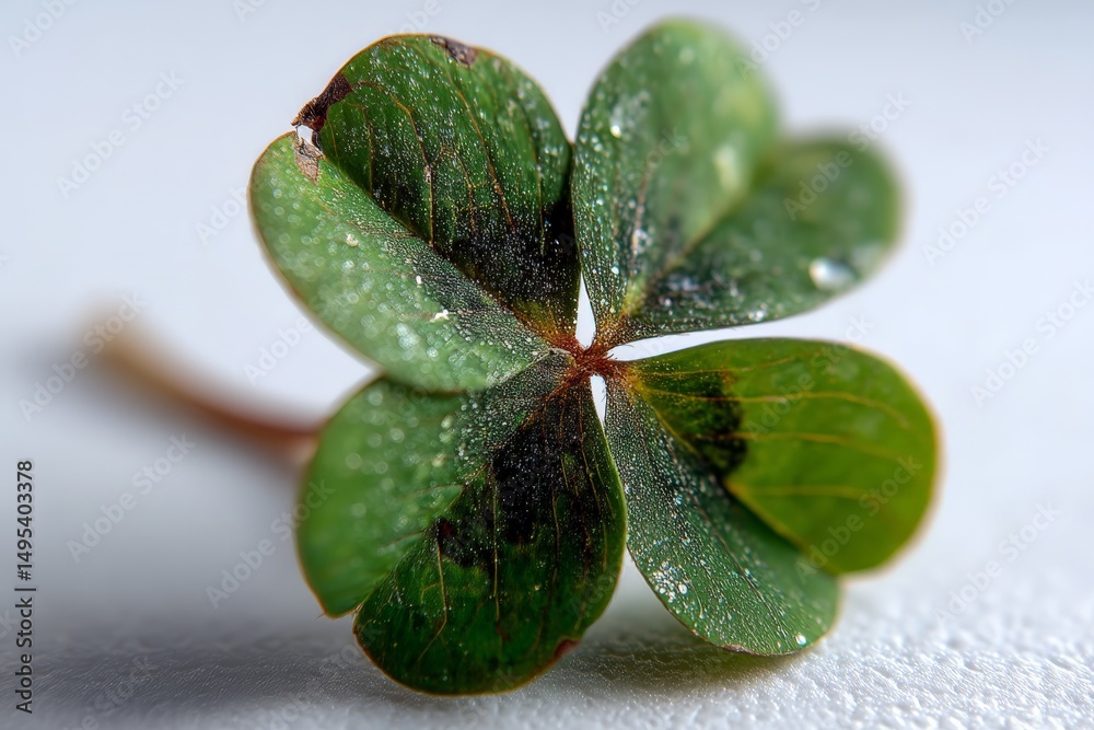Poster close-up view of a clover leaf with water droplets showcasing its intricate details in natural light