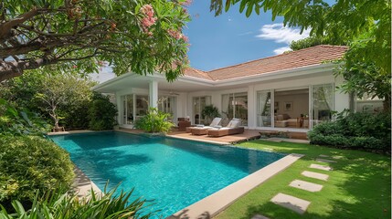 Fototapeta premium Relaxing poolside retreat luxury villa outdoor tropical garden daytime tranquility and comfort