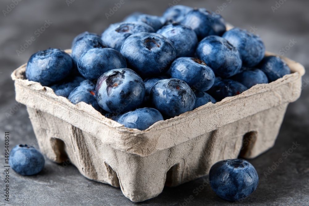 Poster freshly harvested blueberries in a small carton on a textured surface ready for use in recipes