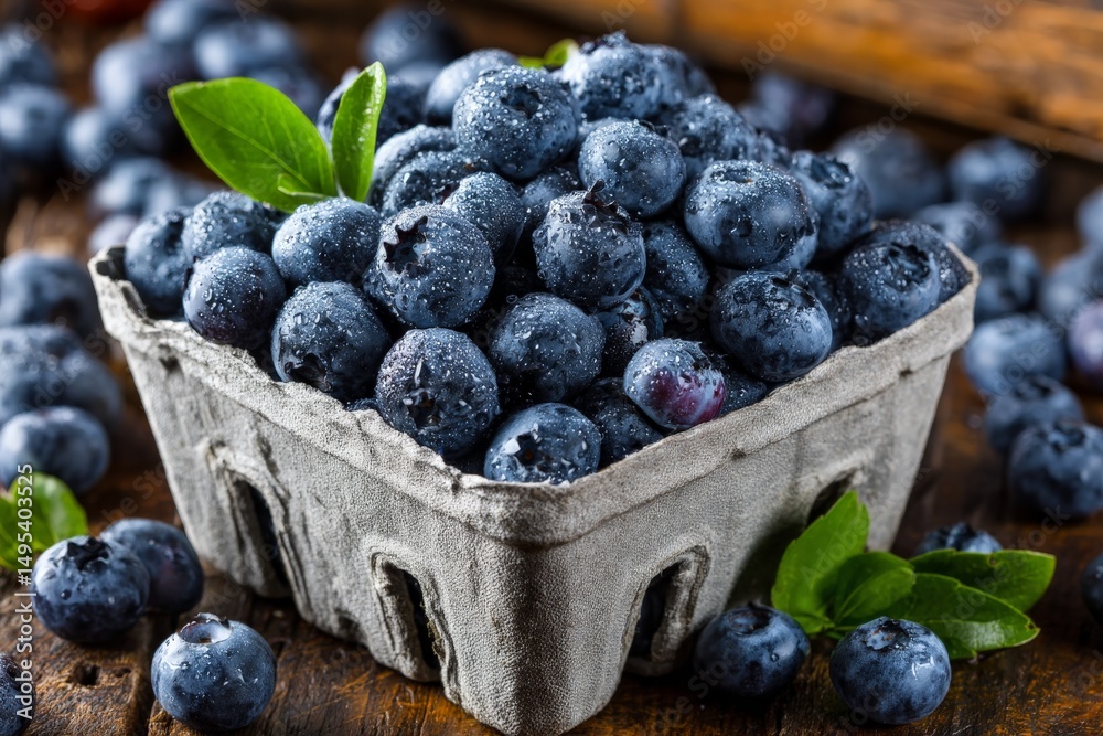 Poster fresh blueberries in a rustic basket on a wooden table surrounded by scattered berries
