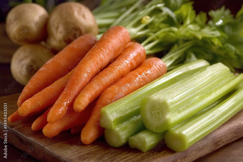 Poster fresh carrots and celery displayed on a wooden cutting board with potatoes in a kitchen setting