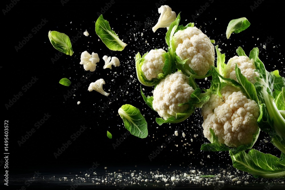 Poster cauliflower burst with leaves and flying florets against a black background creates a striking visua