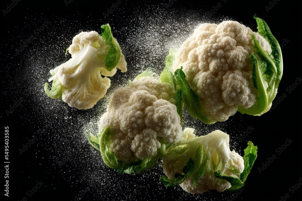 Poster cauliflower pieces floating in mid-air with sprinkle of flour in dark background during food prepara