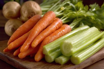 Fresh carrots and celery displayed on a wooden cutting board with potatoes in a kitchen setting