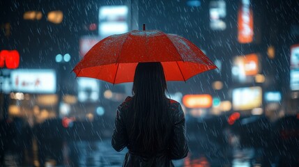 Obraz premium Rainy night city, woman with red umbrella