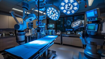 An elegant display of advanced robotic surgical equipment, poised for action in a state-of-the-art operating room. The robotic arms gleam under the bright surgical lights, offering surgeons unparallel