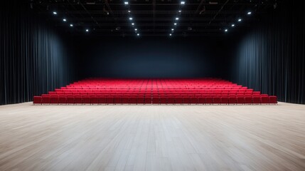Modern auditorium interior with red chairs and dark stage backdrop