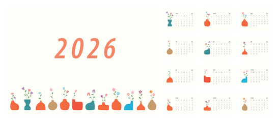 2026 Floral Calendar Template. Week starts on Monday. Replaceable text. Landscape resolution