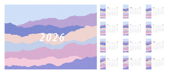 2026 Mountain Calendar Template. Week starts on Monday. Replaceable text. Landscape resolution