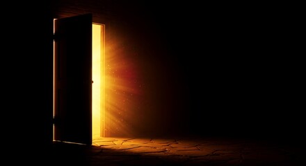 Open Doorway Radiating Golden Light in Dark Room, Symbolizing Hope & New Beginnings - Dreamy, Conceptual Interior with Stone Floor & Brick Wall, Contrasting Shadows