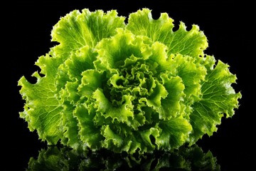 Fresh green lettuce showcasing vibrant textures and colors against a black background in a studio setting