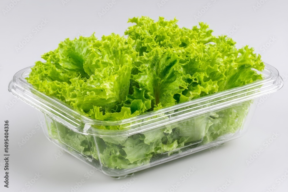 Poster fresh green lettuce in clear plastic container ready for salad preparation at a grocery store
