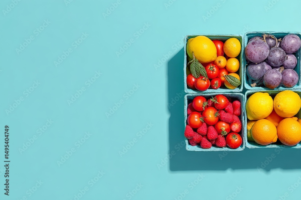 Poster colorful display of fresh fruits in blue containers against a vibrant background in a market setting