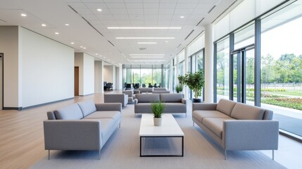 Fototapeta premium Modern Office Lobby with Comfortable Sofas and Bright Natural Light