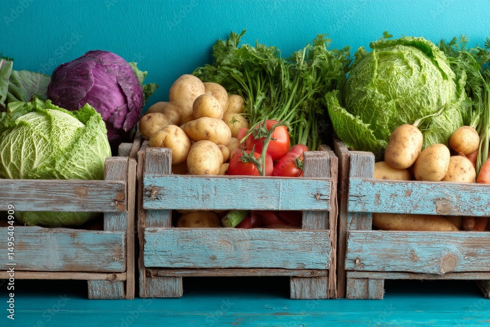 Aufkleber freshly harvested vegetables arranged in rustic wooden crates against a vibrant turquoise background