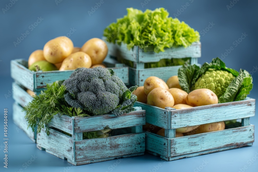 Poster fresh vegetables in rustic wooden crates arranged in a vibrant display showcasing healthy produce