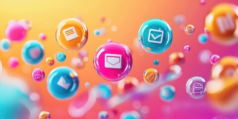Vibrant background with floating discount bubbles and product icons Stock