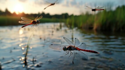 Dragonflies Floating Over Water at Sunset Near Grassy Bank