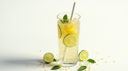 Fototapeta premium Citrus lemonade with lime, mint, and ice in a glass on a light background