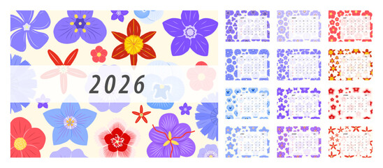 2026 Floral Calendar Template. Week starts on Monday. Replaceable text. Landscape resolution