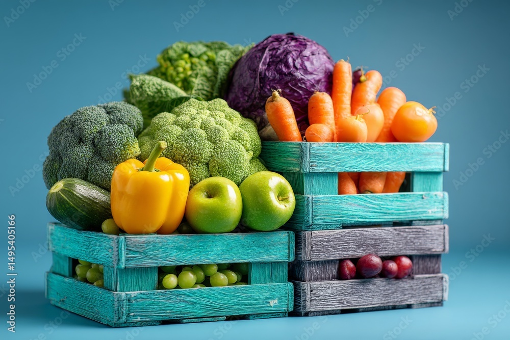 Poster colorful assortment of fresh vegetables and fruits arranged in wooden crates on a blue background