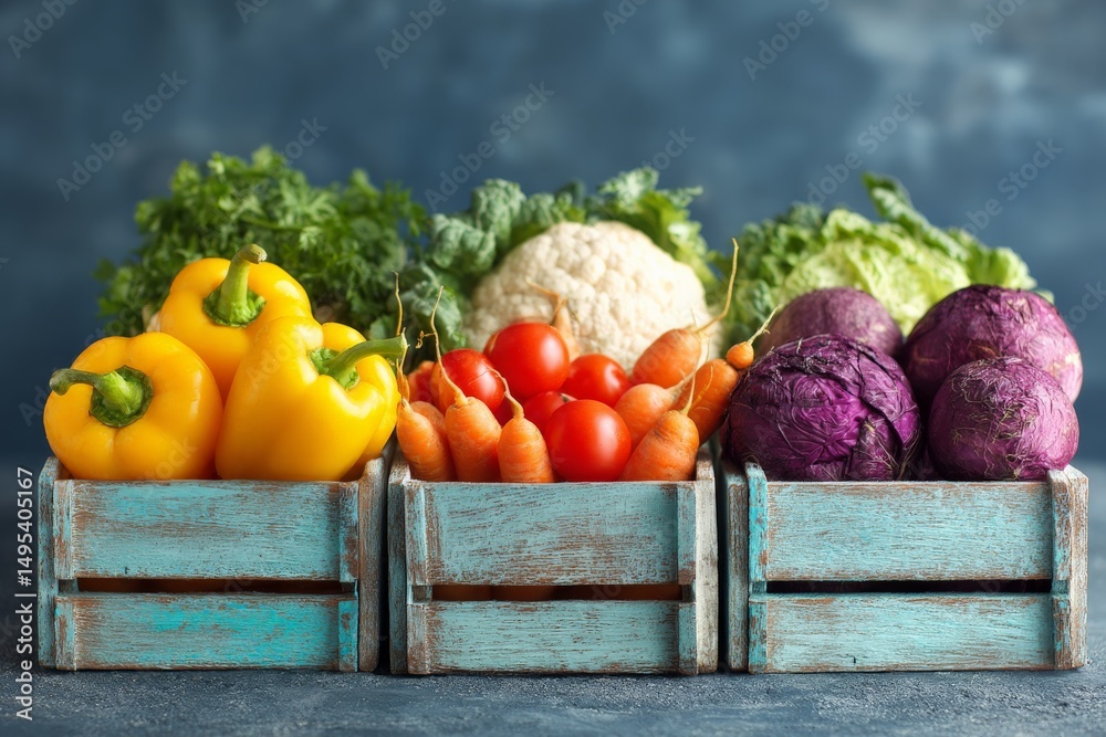 Aufkleber Fresh colorful vegetables displayed in rustic wooden crates on a blue backdrop at a local market