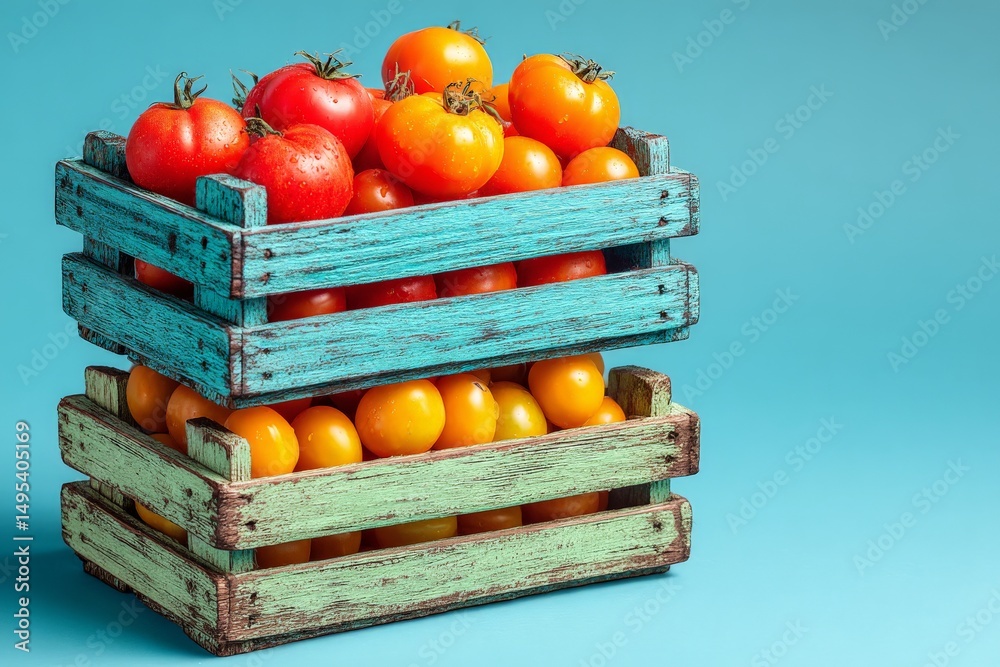 Aufkleber Freshly harvested red and yellow tomatoes stacked in rustic crates with a bright blue background shining