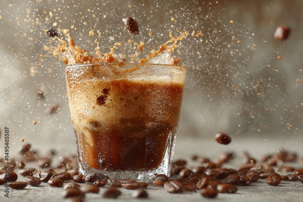 Poster splash of cold coffee with ice cubes and coffee beans scattered around in a dimly lit setting