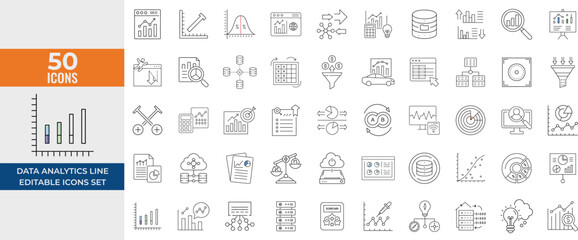 Data Analytics Line Icons Set – Database, Statistics, Graphs, Server, SEO, Monitoring, Financial Analysis, Hosting, Data Mining – Editable Vector Illustration