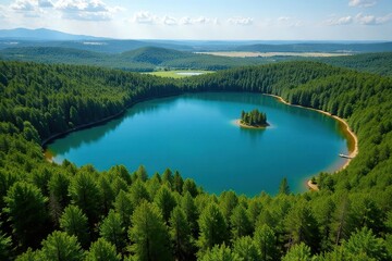 Irregular shaped lake with winding shoreline among trees, lake,  river,  bay