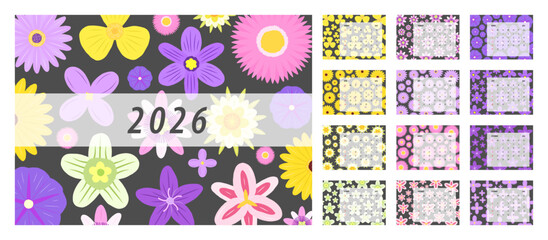 2026 Floral Calendar Template. Week starts on Monday. Replaceable text. Landscape resolution