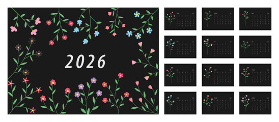 2026 Floral Calendar Template. Week starts on Monday. Replaceable text. Landscape resolution