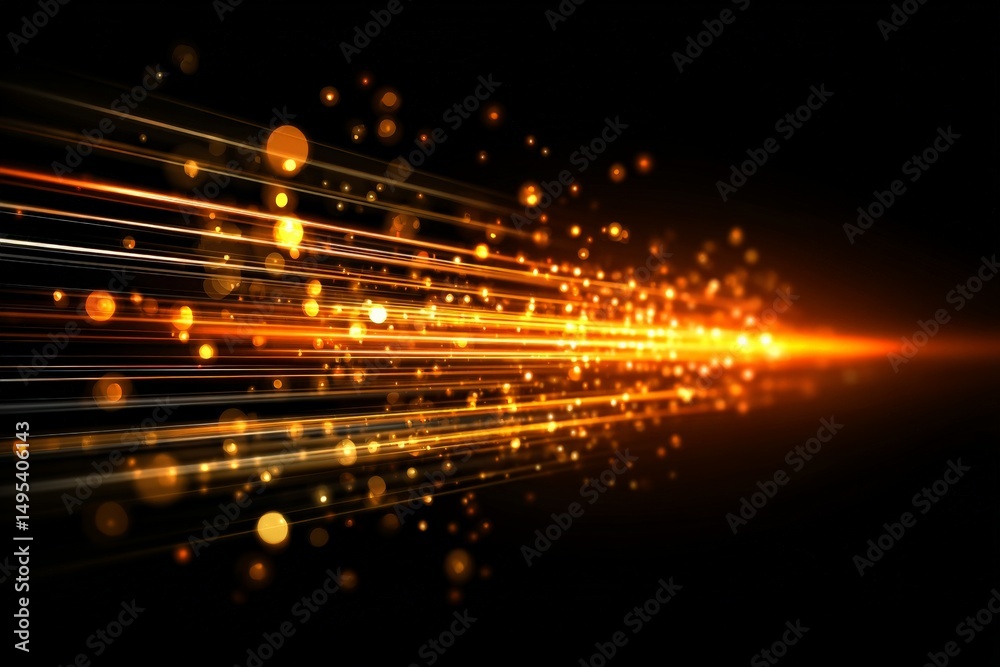 Poster dynamic golden light streaks create an abstract art piece on a black background during nighttime