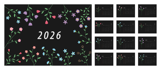 2026 Floral Calendar Template. Week starts on Monday. Replaceable text. Landscape resolution
