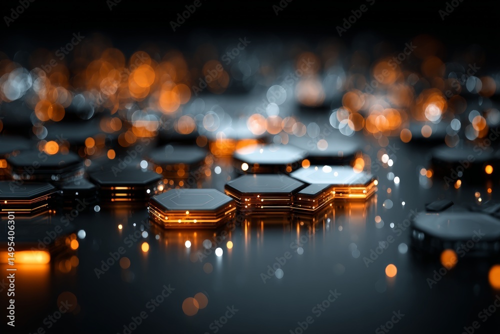 Poster Abstract digital background with glowing hexagons and shimmering lights in a darkened environment