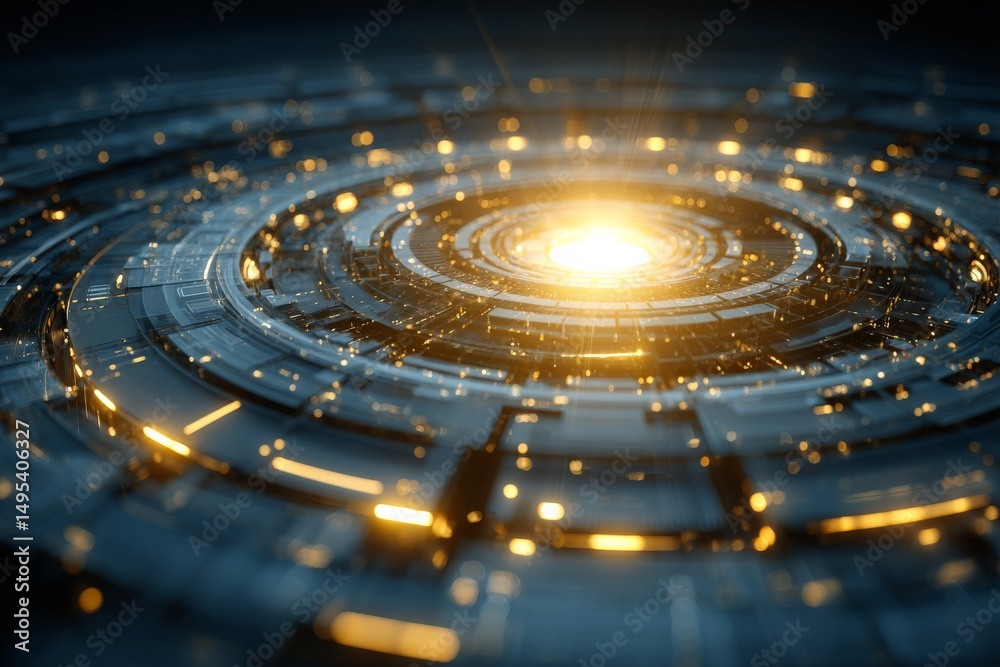 Poster digital spiral formation emits vibrant golden light in a futuristic design, captivating the eye with