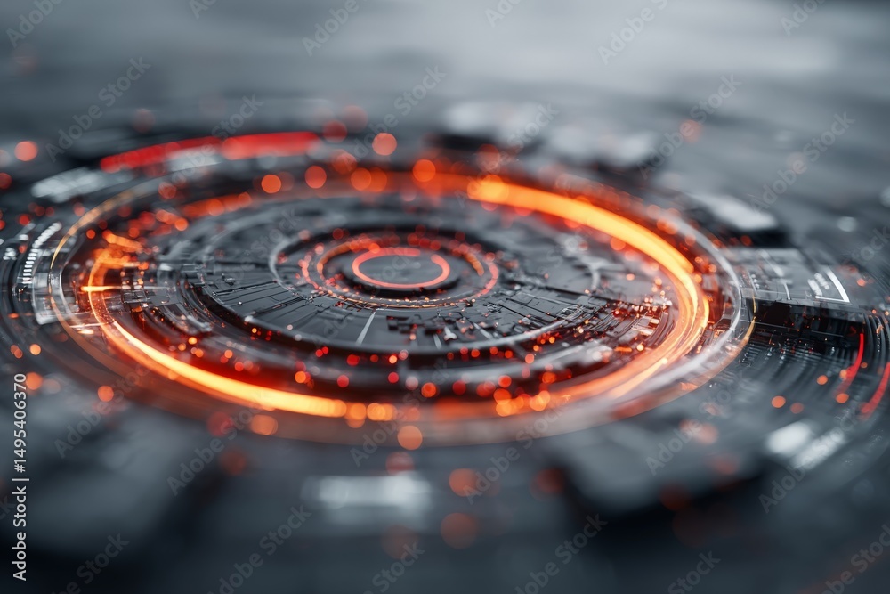 Aufkleber Abstract close-up of an illuminated circular pattern with bright orange accents on a dark background showcasing technology design