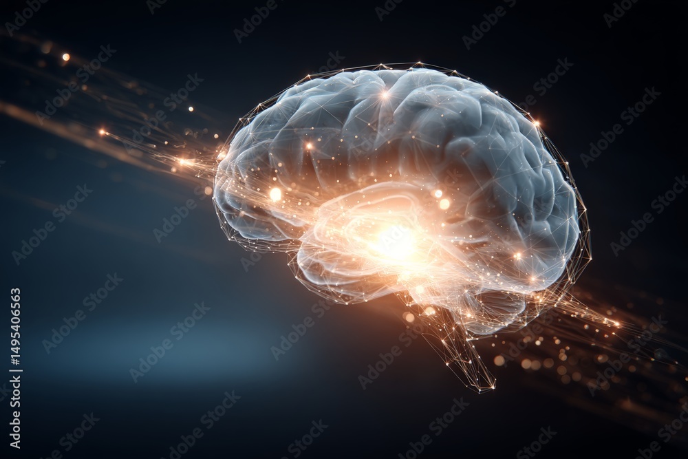Aufkleber Conceptual representation of a brain illuminated with light particles in a dark space