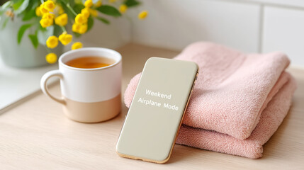 Cozy weekend vibes with airplane mode on kitchen counter for relaxation