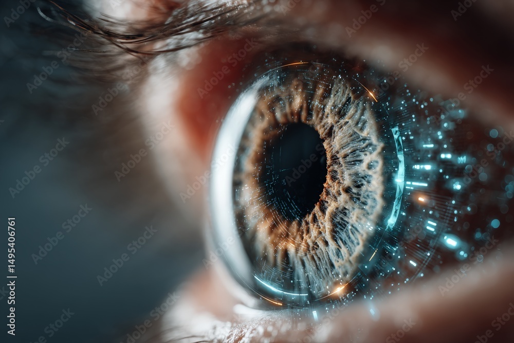 Aufkleber Close-up view of a human eye with digital elements and data visualization in a futuristic setting
