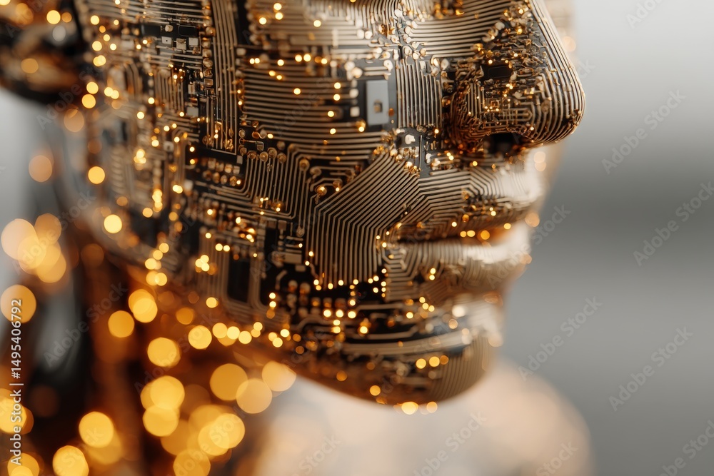 Aufkleber detailed close-up of a futuristic human face constructed with circuit board patterns and glowing lig