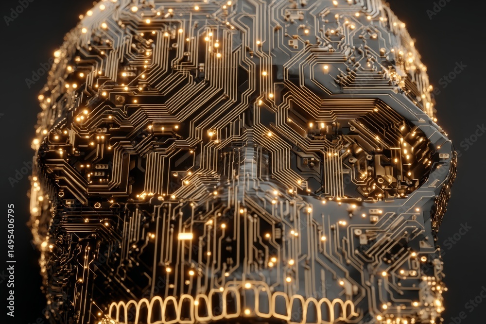 Aufkleber Modern art piece featuring a skull design made of circuit board patterns illuminated with lights