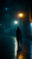 A silhouette of a person walking down a mysterious, old street illuminated by vintage streetlights on a rainy night. The scene creates an atmosphere of intrigue and solitude