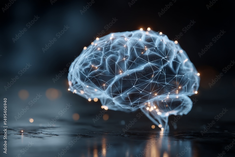 Fototapete Digital visualization of a brain with glowing neural connections on a dark background