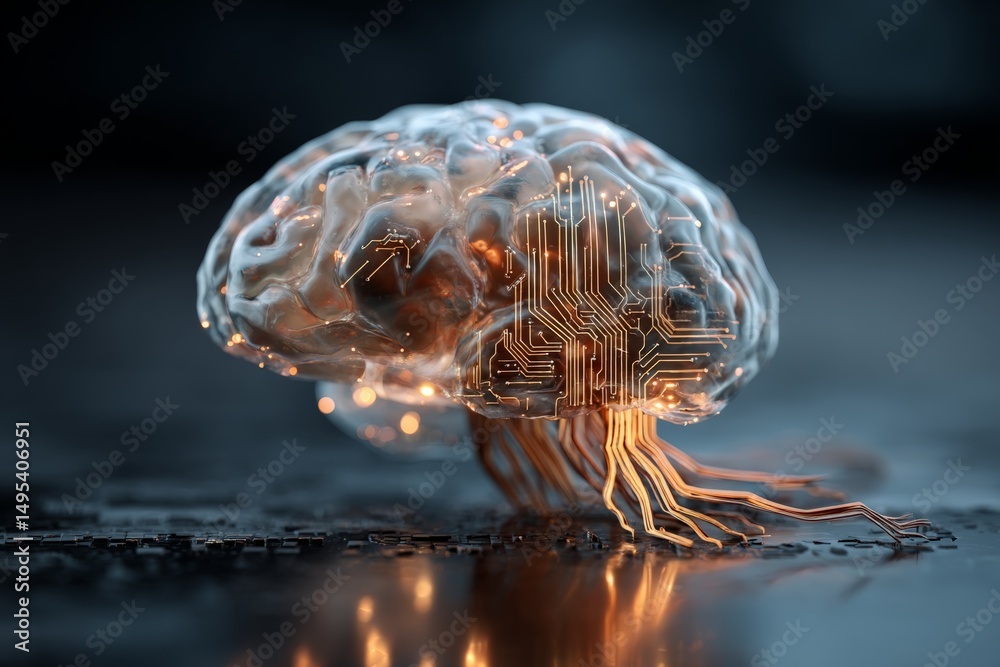 Poster artificial brain with electronic circuitry and glowing connections symbolizes advanced technology