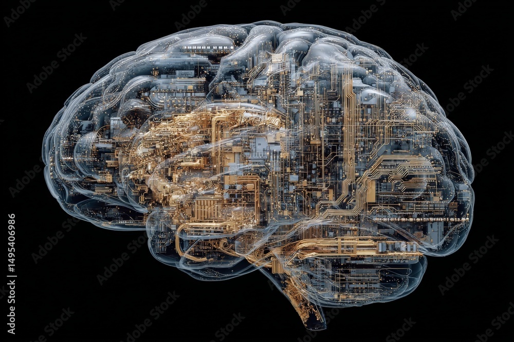Poster detailed depiction of a futuristic brain design merging technology and human cognition