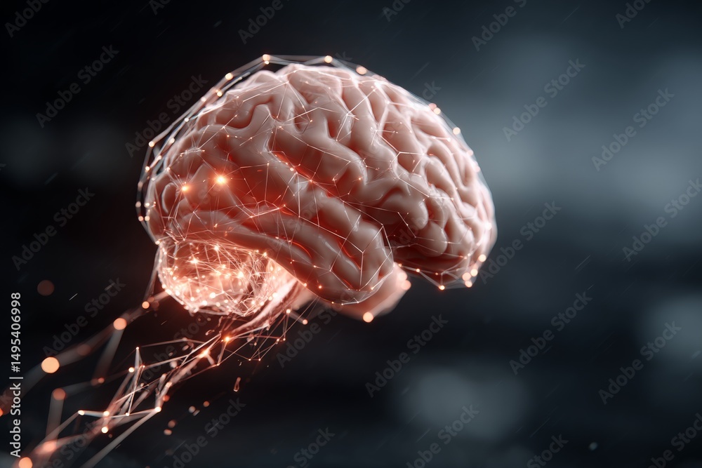 Poster Intricate digital representation of a human brain emitting light and data in an abstract space